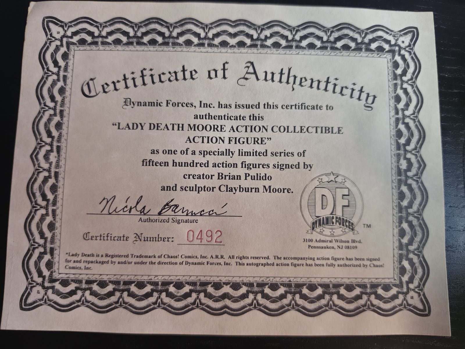 Lady Death certificate